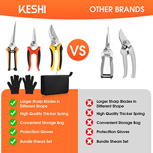 KeShi Garden Steel Pruning Shears, Professional Gardening Scissors Cutter Clippers Set, 3 Pack Stainless Steel Blades Handheld Pruners Set with Protect Garden Gloves and Storage Bag
