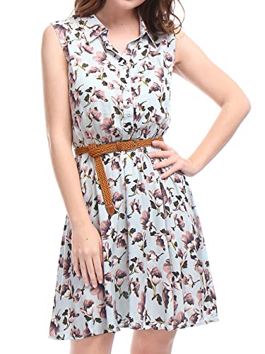 Allegra K Women's Floral Printed Half Placket Above Knee Summer Sleeveless Belted Dress Large Light Blue