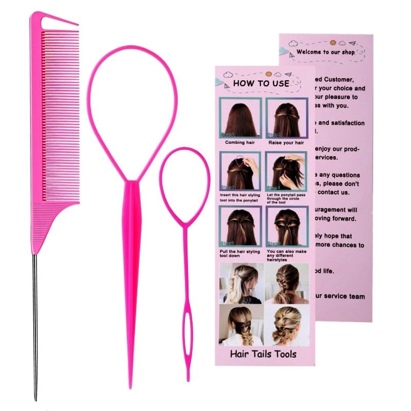 Aigee 8Pcs Hair Styling Combs Set Include 4Pcs Topsy Hair Tail Tools 2 Styles of Rat Tail Comb,1Pcs Bristle Teasing Slick Back hair Brush,1Pcs Edge Control Brush,Eyebrow Brush for Woman Girl Pink - Image 8