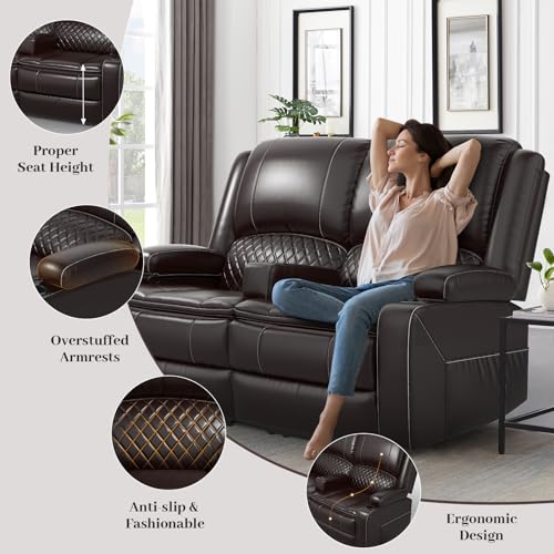 Yolsali Loveseat Recliner Sofa, Manual Reclining Loveseat with Removable Armrest, Faux Leather Recliner Loveseat for Adults with 2-Tier Cushions, USB Charging Ports, Cup Holders - Brown