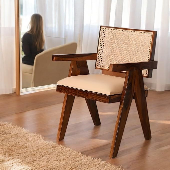 Streema art Solid Sheesham Wood Arm Chair with Cushion and Cane Back Support Chair Living Room Bedroom Home Wooden Armchair Furniture Garden Balcony Outdoor & Indoor (STORM01)-image-49