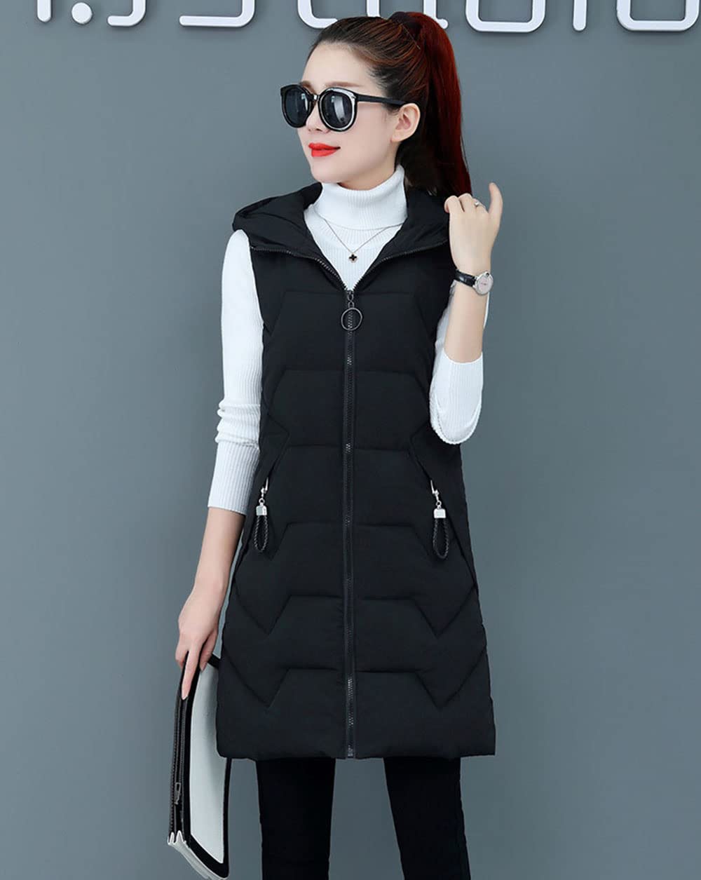 Gilet in Piumino Donna Gilet Trapuntato Autunno Invernali Smanicato Piumino Canottiera Mode Leggermente Imbottito Giacca con Cappuccio Gilet con Tasche Casual con Cerniera Outerwear,Nero,XL