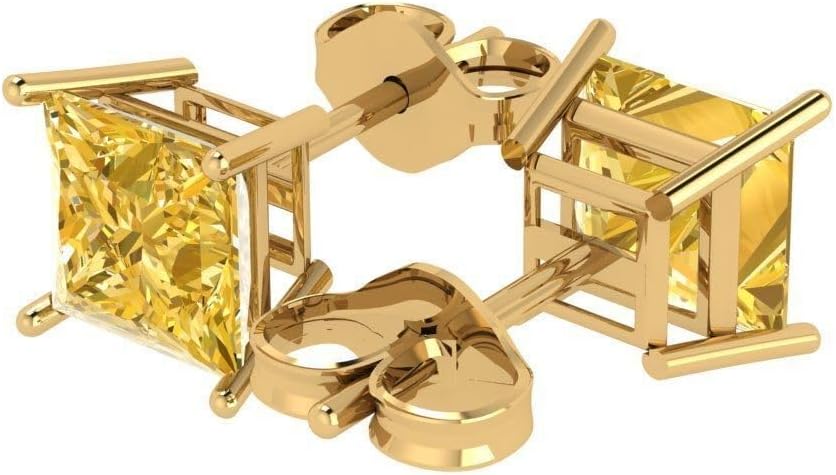 3.00ct Princess Cut Solitaire Classic Citrine stud Earrings 14k Yellow Gold Plated Push Back 925 silver