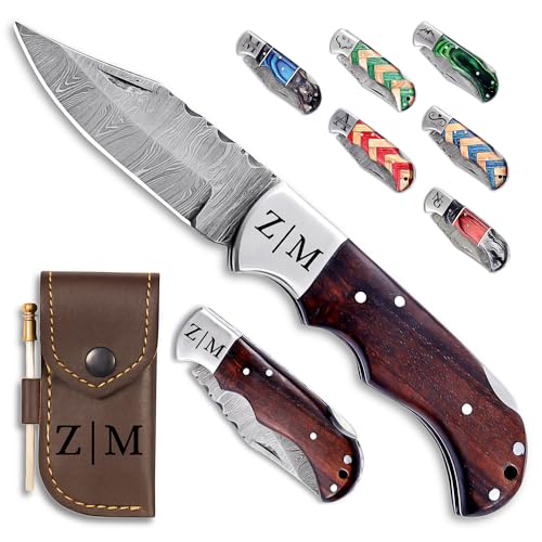 Custom Pocket Knife gifts for Men Personalized Damascus Folding Knife Engraved Gifts for Him Dad Boyfriend Husband Anniversary Groomsmen Gifts. Custom Knife for Camping Hunting Everyday Carry (Brown)