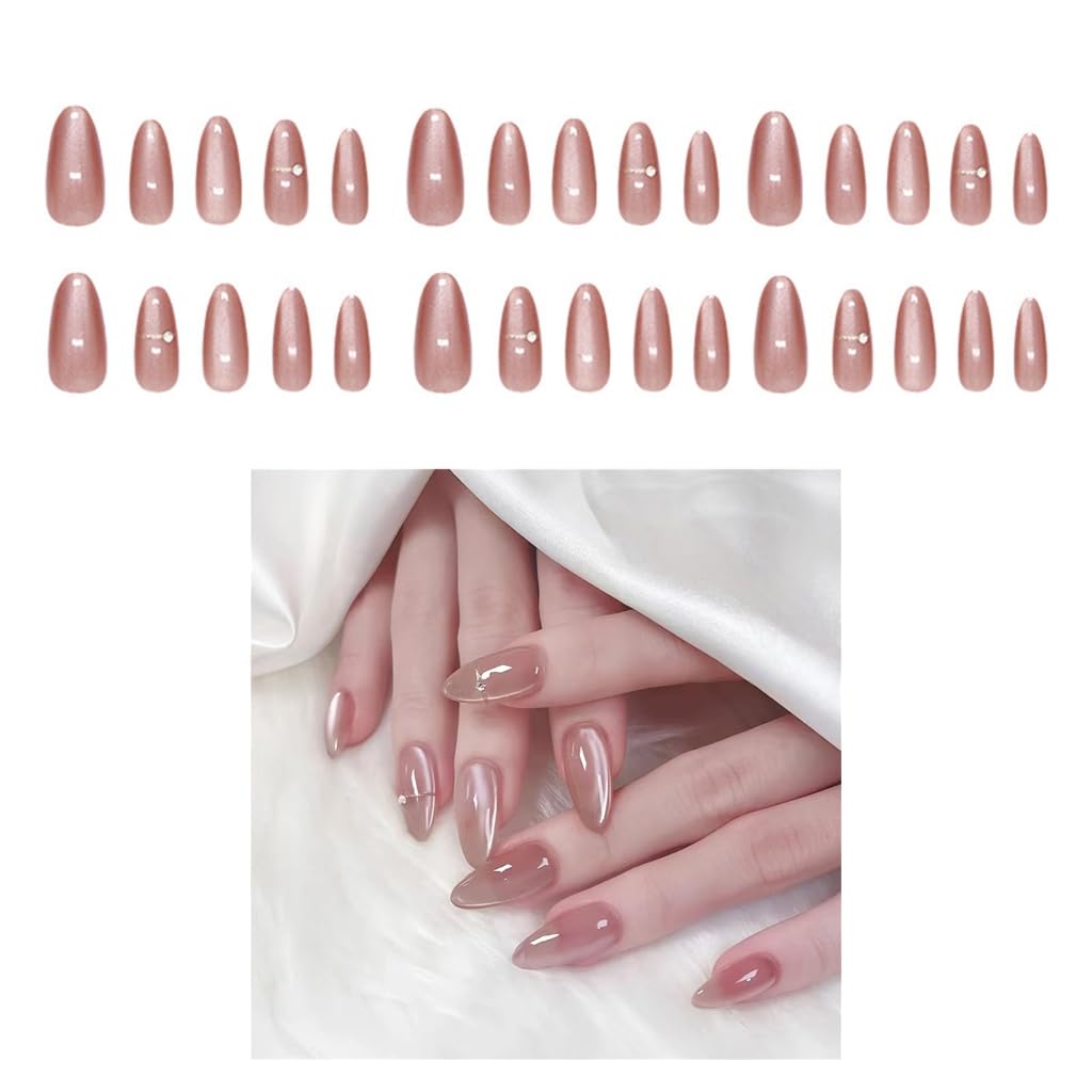 24 Pcs Almond Shape False Nails Simple Rhinestones Acrylic Nails Glossy Full Covers Stick on Nails