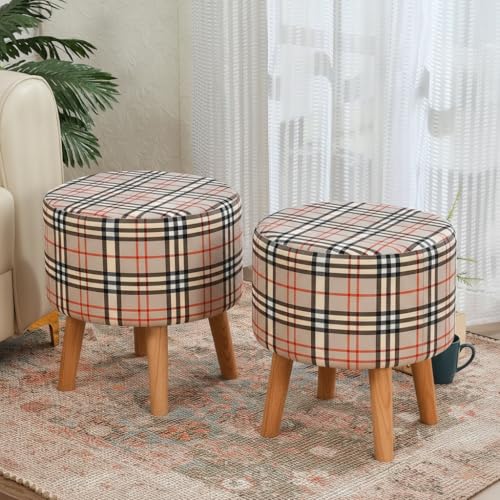 Image of NACIA Printed Ottoman Stool Set of 2 | Soft Cushioned Velvet Pouf Footrest with Wooden Legs | Decorative Seating Stool for Bedroom Living Room Home & Office (16x16x17 Inch, Cream Strip)