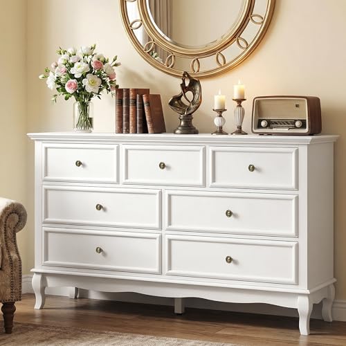 RoyalCraft 53 Wide 7 Drawer Dresser White Dresser for Bedroom Modern White Chest of Drawers with Solid Wood Legs and Painted Finish Wooden Storage Closet Cabinet Organizer for Hallway Living Room