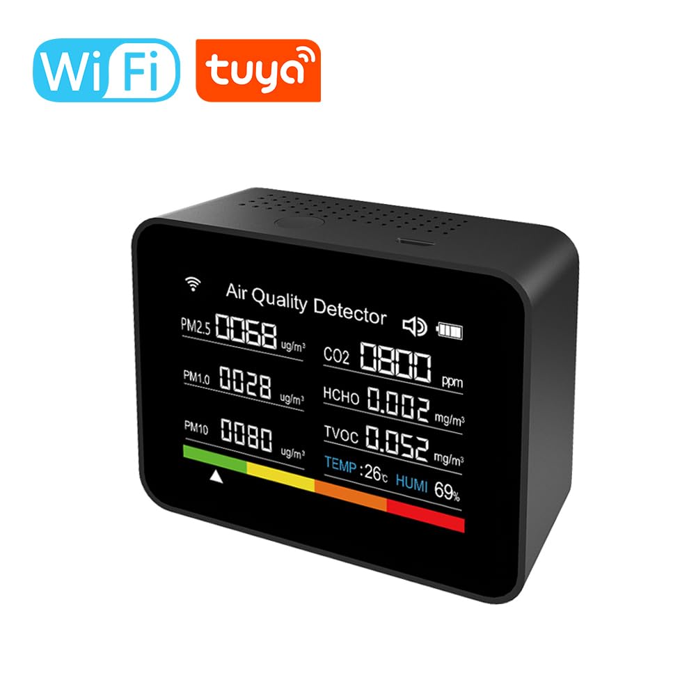 YWBL-WH Monitor de Calidad del Aire 13 en 1, Detector Inteligente de CO2 WiFi con Monitor de Temperatura y Humedad para el Hogar, Oficina y Escuela (Black)