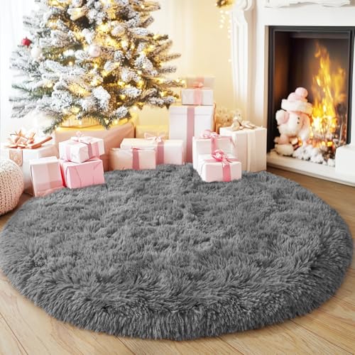 4'x4' Grey Round Rug for Bedroom, Ultra Soft Fluffy Circle Rug for Kids Girls Boys Room, Cute Shag Rugs for Living Room Playroom Teen Room Home Decor Rug