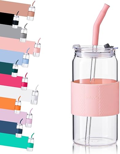 Miniatura 1 de ColoVie Vaso de vidrio con tapas 3 en 1 y popotes de vidrio (puntas de silicona adicionales), funda protectora de silicona, taza de café helado,
