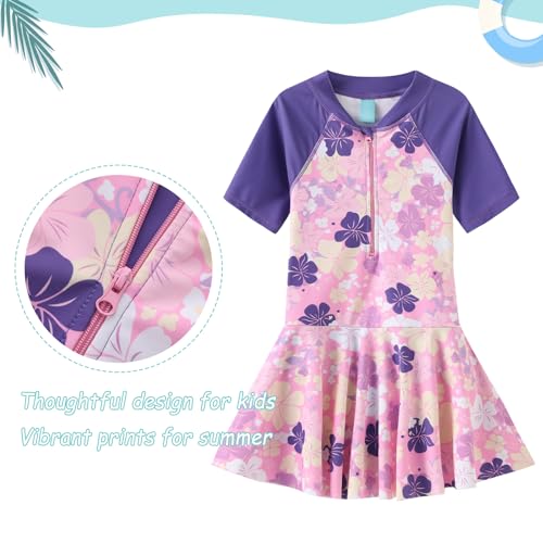 Image of Girls One Piece Swimsuits Short Sleeve Swim Dress for Girls Hawaiian Skirted Bathing Suit Summer Swimwear 3-16 Years