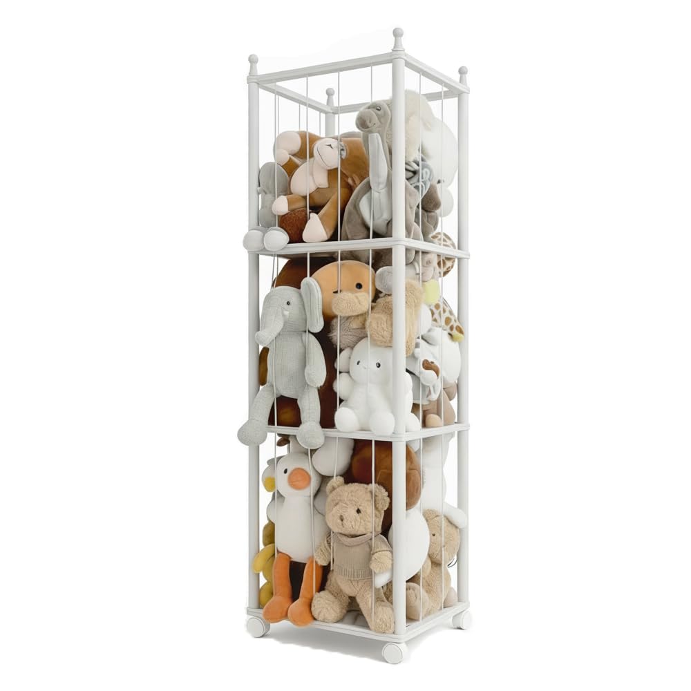 Wonder Space Étagère en Bois pour Peluches avec Roues, Grand Rangement Jouets pour Chambre d'enfant, Peinture à Base d'eau, Support Sûr & Écolo pour Bébés et Tout-Petits (Blanc)