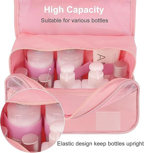 Image of CAVALO - Be Unique Nylon Polyester Large Capacity Portable Travel Toiletry Bag with Hanging Hook Waterproof Cosmetic Case Makeup Pouch Dopp Kit for Men Women with Carry Handle (Pink)