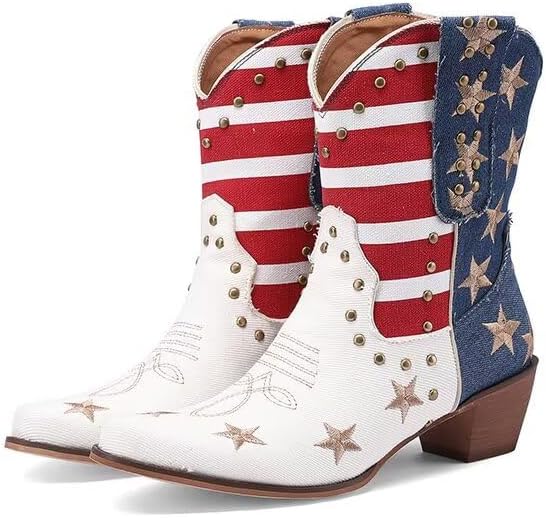 Women Studded Western Boots Mid Calf Embroidered Cowboy Cowgirl Fringe Stacked Heels Vintage Trendy Short Bootie Country Concert Line Dance Rodeo Ankle Boot