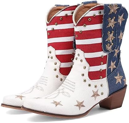 Women Studded Western Boots Mid Calf Embroidered Cowboy Cowgirl Fringe Stacked Heels Vintage Trendy Short Bootie Country Concert Line Dance Rodeo Ankle Boot