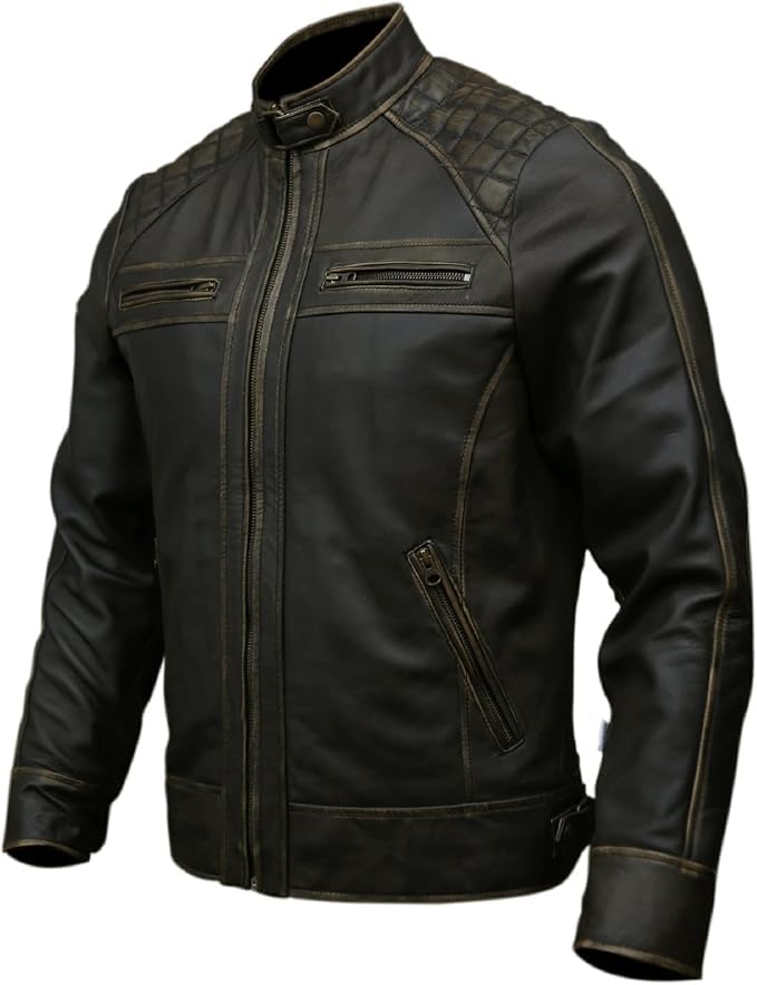Image of Genuine Leather Men's cafe racer jacket Sheepskin Quilted Motorcycle Style Lambskin Leather Jacket Men