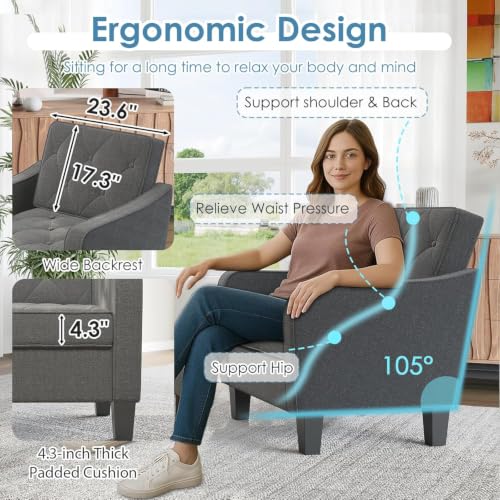 Image of STHOUYN Grey Accent Chairs, Wide Comfy Arm Chairs for Living Room, Office | STHOUYN Tufted Club Chair, Reading Chairs for Bedroom, Waiting Area Seating, Small Space Office Chairs, Supportive Wide Seat