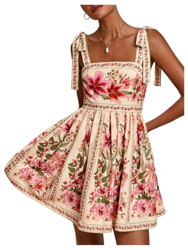Image of OYOANGLE Women's Boho Dress Floral Tropical Vacation Dress Sleeveless Tie Shoulder Summer Flowy Mini Dress Sundress