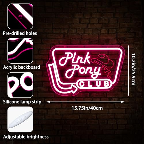 Image of Pink Pony Club Neon Sign for Wall Decor | Dimmable led light, cowgirl hat, disco party decor, midwest princess style, bar wall gift for girls, size 15.7*10.2 in