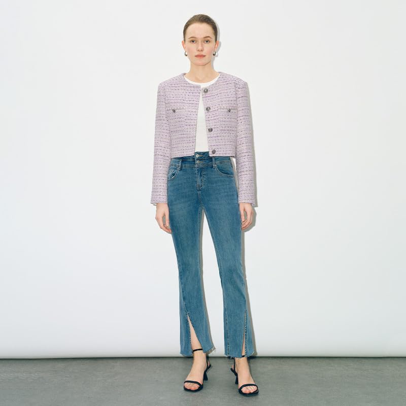 Women's Long Sleeve Cropped Tweed Jacket with Pocket Button Slim Fit Work Office Short Tweed Blazer2