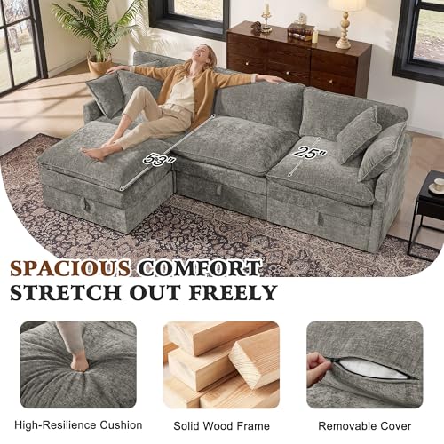 Image of Ihanherry 103 inch Modular Sectional Sofa with Storage, L Shaped Cloud Couch with Movable Ottomans & Throw Pillows, Chenille Deep Seat Sectional Couches for Living Room, Apartment (Grey)
