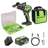 Greenworks 24V 1/2” Brushless Cordless Drill (800 In-lbs.), 4.0Ah (24,000mAh Power Bank) USB-C Battery, 3.3 FT Braided Cable, 65W Rapid Charger + 90 Piece Black Oxide Drilling and Driving Bit Set