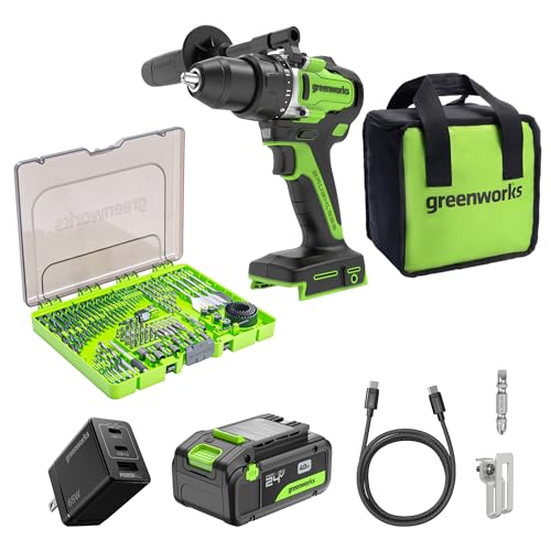 Greenworks 24V 1/2” Brushless Cordless Drill (800 In-lbs.), 4.0Ah (24,000mAh Power Bank) USB-C Battery, 3.3 FT Braided Cable, 65W Rapid Charger + 90 Piece Black Oxide Drilling and Driving Bit Set
