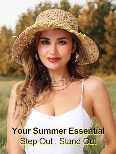 Sombrero de paja tejido para mujer con ala ancha para verano miniatura 6