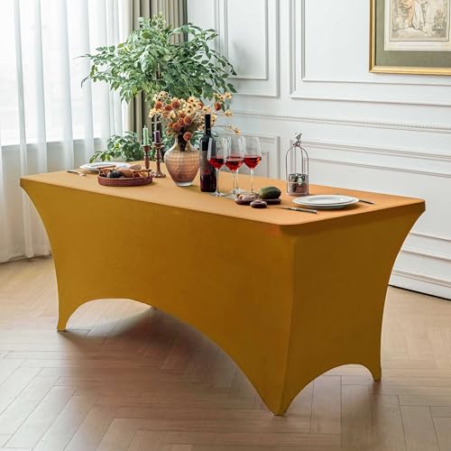 Image of FOLINS&HOME Gold 4ft Fitted Water Resistant Tablecloth with Spandex | Washable Elastic Rectangle Table Cover for 4 Foot Folding Tables, Stretch Table Cloth for Weddings, Banquets, Parties