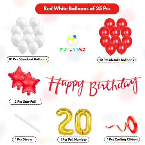 Image of Flyloons 20th Happy Birthday Decoration Kit Red White for Boys Girls Kids Twins Men Women With 20 Pcs Metallic Balloons Birthday Banner 2 Pcs Star Items Set