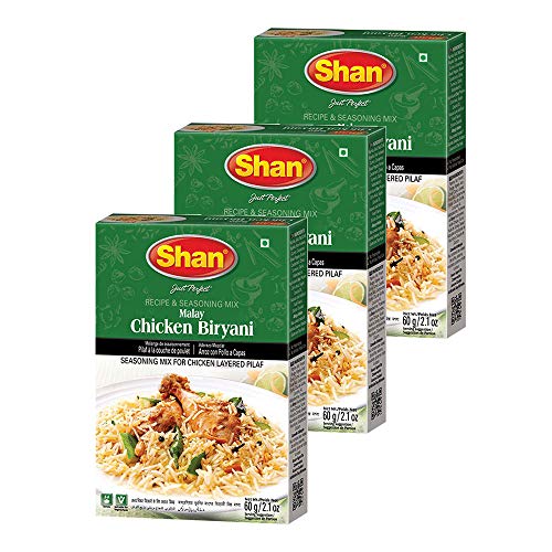 Shan Malay Chicken Biryani Recipe and Seasoning Mix 2.11 oz (60g) - Spice Powder for Chicken Layered Pilaf - Suitable for Vegetarians - Airtight Bag in a Box (Pack of 3)
