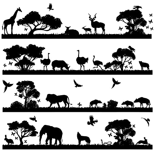 Rw-1041 3D Jungle Animals Wall Decals Black Vinyl Wild Safari Tree Wall Stickers Diy Removable Tropical Elephant Lion Birds Giraffe Grass Decor For Kids Teens Bedroom Living Room Nursery Decoration #TOP6