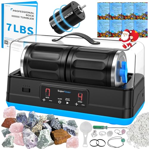 KomeStone Ultra Quiet Brushless Rock Tumbler Kit – 7Lb Capacity Dual-Barrel with Noise-Cancelling Cover, Up to 6X Quieter, Include All Accessories, Professional Rock Polisher for Adults & Gift Giving