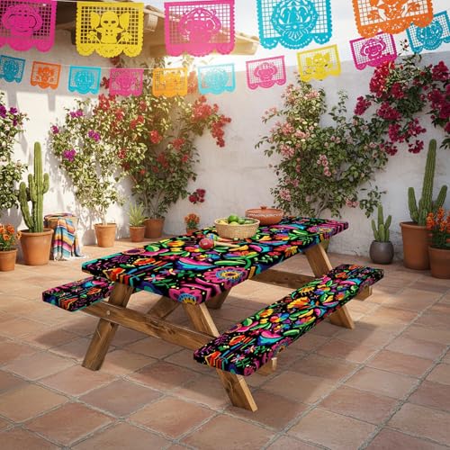 Grtuspr 72in Mexican Floral Picnic Table Cover Set with Bench Covers, Vibrant Cinco De Mayo Fiesta Fitted Elastic Windproof Waterproof Fabric Tablecloth, Camping Patio Outdoor Table Cover by Grtuspr - Used condition - Image 7