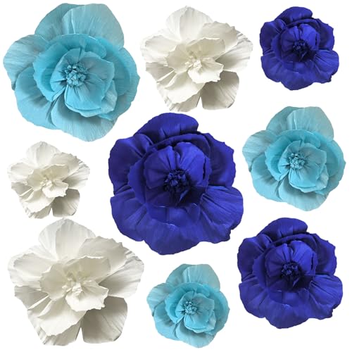 BRT Bearingshui Crepe Paper Flowers Decoration for Wall Total 9 Pcs, Artificial Flowers Backdrop for Wedding Decor Baby Bridal Shower Birthday Party, Navy Light Blue White 3D Wall Flowers Decor