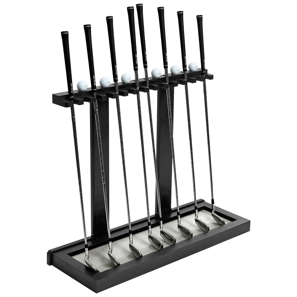 Premium Wooden Club Display Rack | 14 Club Capacity | Perfect for Golf Simulators | Solid Hardwood |3 Color Options | Golf Ball Rack Included (Black/Gray)