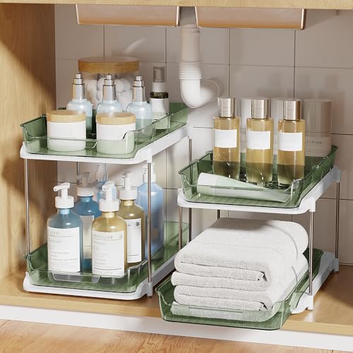 Image of Delamu 2-Tier Multi-Purpose Bathroom Under Sink Organizers and Storage, Stackable Kitchen Pantry Organization, Pull Out Medicine Cabinet Organizer with Movable Dividers, Light Green, 2 Pack