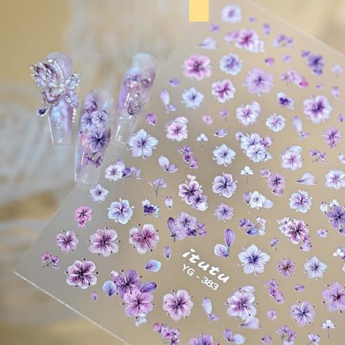 Flower Nail Stickers Purple Floral Nail Decals Petal Nail Designs Spring Summer Nails Supplies 3D Self-Adhesive Cute Nails Art Stickers for Women DIY Manicure 1Sheet