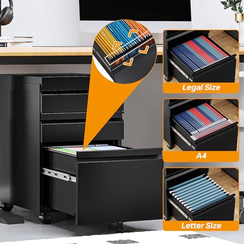 STANI 3 Drawer Mobile File Cabinet with Lock Under Desk Metal Filing Cabinet Locking Office Mobile Cabinet with Wheels Under Desk Office Drawers Rolling Mobile File Cabinet Assembly Required Black