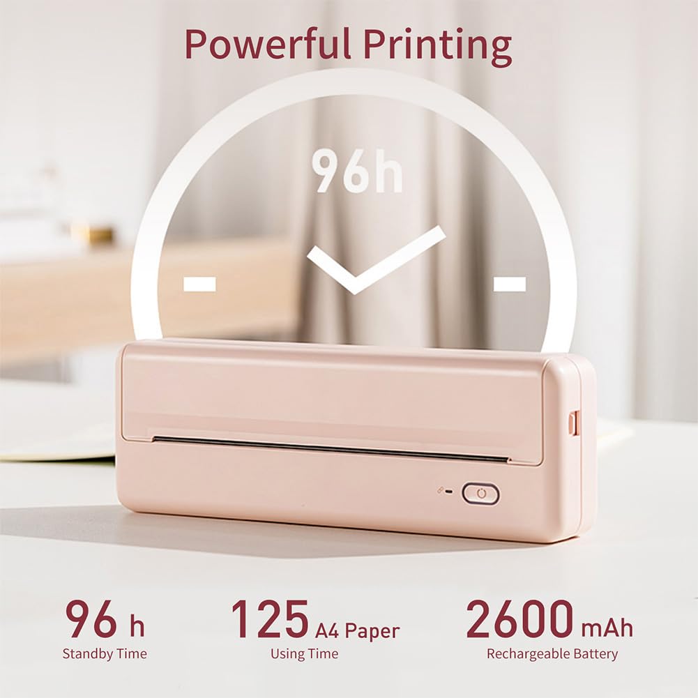 Stampante termica A4, mini stampante Bluetooth portatile per viaggi e casa, stampa wireless senza inchiostro, design compatto per ufficio e scuola