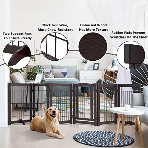 Simflag Freestanding Dog Gates With Door For The House 6 Panels Extra Wide Dog Gates For Doorways, Wooden Wire Dog Fences Indoor With 2 Support Feet, 122" W X 30" H Pet Gates For Dogs, Espresso #TOP4