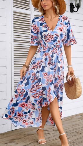 Image of Kormei Women Short Sleeve V Neck Floral High Low Flowy Summer Party Long Maxi Dress