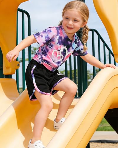Image of Kids Girl Clothes Tie Dye Heart Print Short Sleeve Top and Shorts Toddler Girl Summer Outfits Short Set
