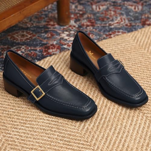 Image of MOOMMO Women Blue Chunky Heel Penny Loafers Square Toe Buckle Slip On 2 inch Stacked Block Heel Dress Loafers Oxfords Office Ladies Comfy Classic Loafer Pumps Matte Navy Size 8.5 M US