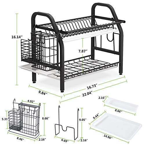 Dish Drying Rack, 1Easylife 2 Tier Dish Rack Stainless Steel with Utensil Knife Holder and Cutting Board Holder Dish Drainer with Removable Drain Board for Kitchen Counter Organizer Storage Black