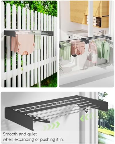 Image of JIALTO Stainless Steel Space Saver Folding Cloth Dryer Stand Wall Mounted Retractable Clothes Drying Rope Hanger, Foldable Cloth line Use Indoor and Outdoor for Home Grey
