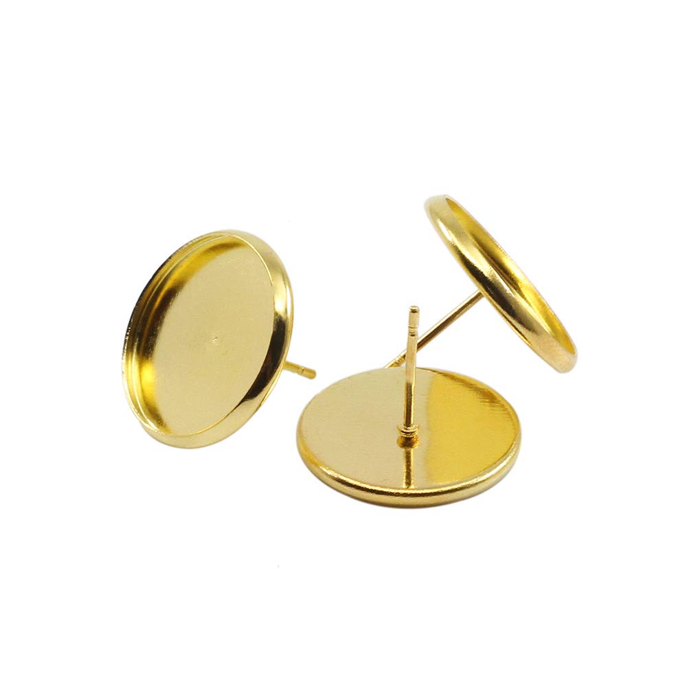 50pcs/lot 16 mm Gold Plated Ear Stud/Earrings Blank Stud Earring Posts Cabochon Cameo Setting Supplies for Jewelry Making 8 Colors (Gold, 16mm(