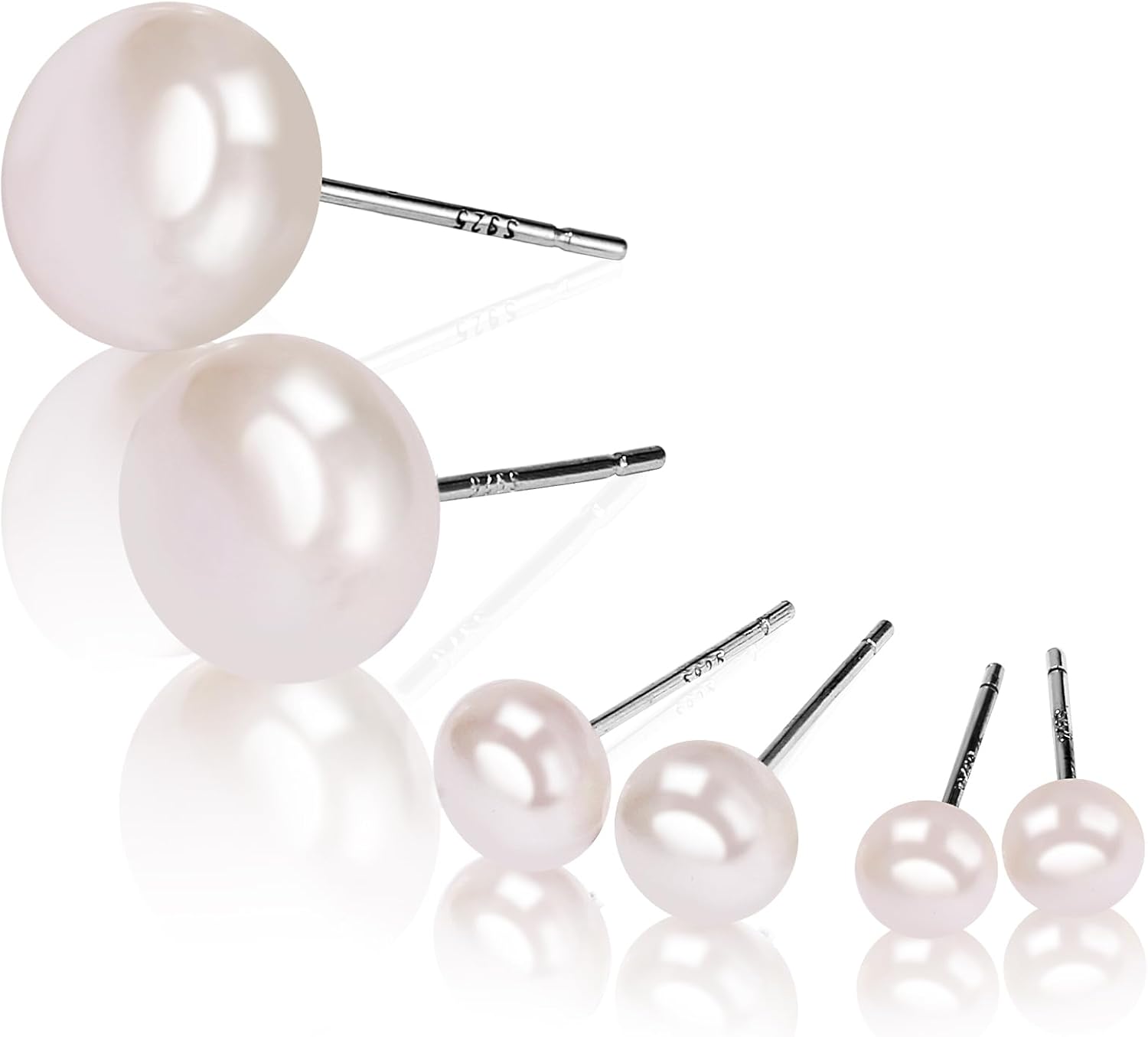 3 Pairs AAA+ White Freshwater Cultured Pearl Earrings for Women,925 Sterling Silver,Size 3 9mm 