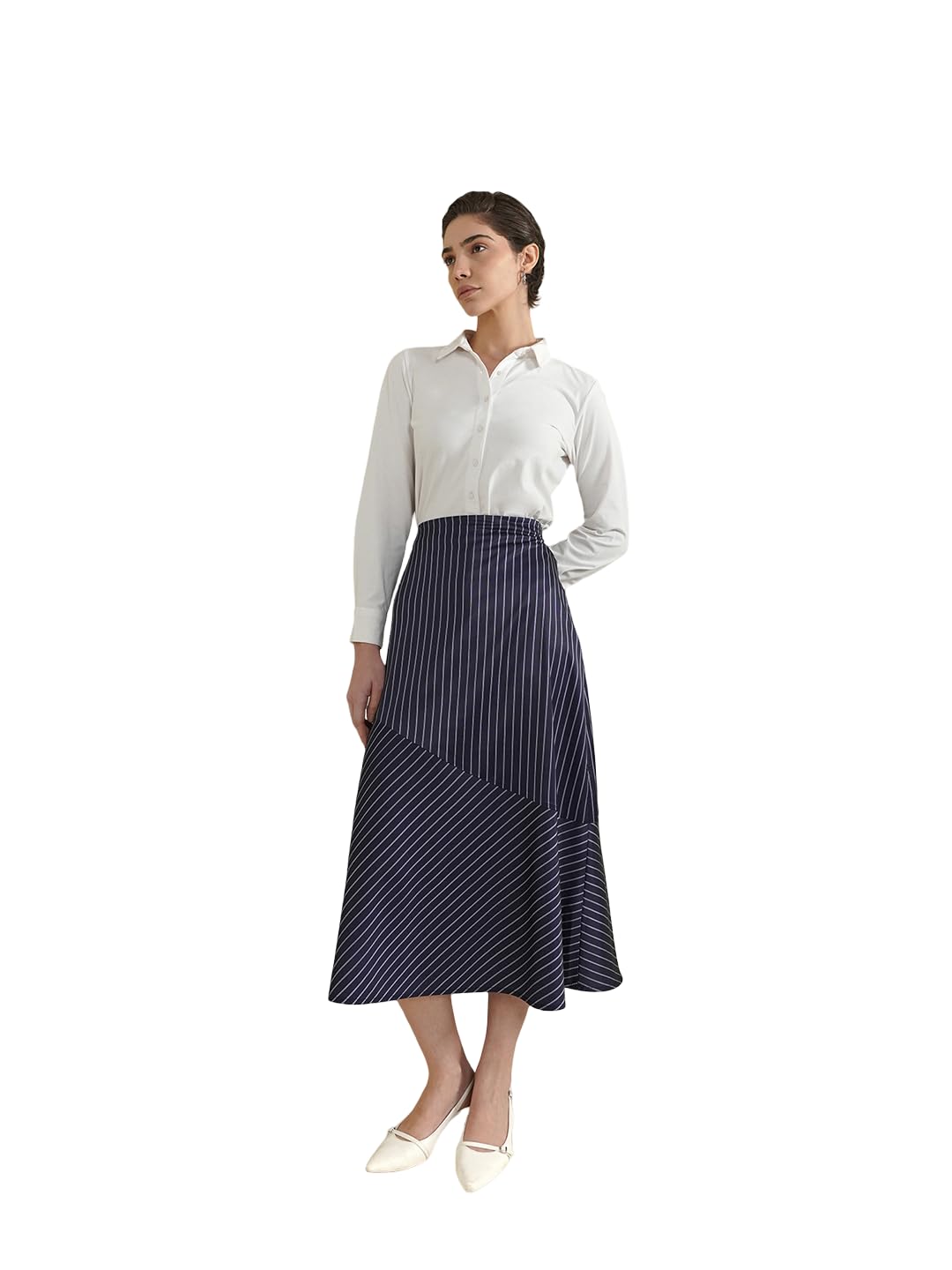 fablestreet Women Skirt Formal Wear | Flared Fit Asymmetric Cut & Sew Design | Smooth Lustrous Finish Woven Fabric | Perfect for Office & Elevated Occasions Navy Blue-picture-11