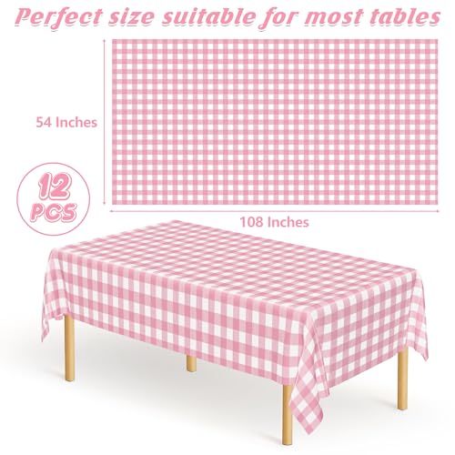 Image of 12Pack Table Cloth Rectangle Table, 54 inch x 108 inch Plastic Table Cloth Disposable, Waterproof Pink and White Checkered Table Cover for Outdoor Picnic Birthday Party Supplies Gathering BBQ Holiday Dinner